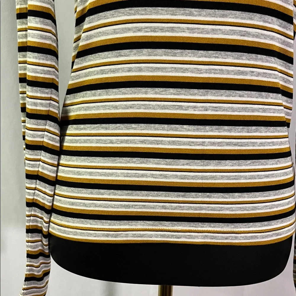 NWT LOFT Mustard Yellow Black & Gray Striped Long Sleeve Round Neck Top